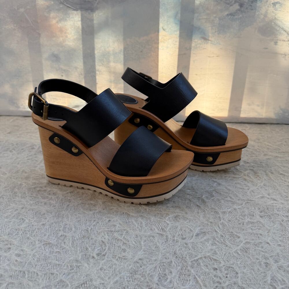 Chloé Black Leather Wood-Effect Wedge Sandals
